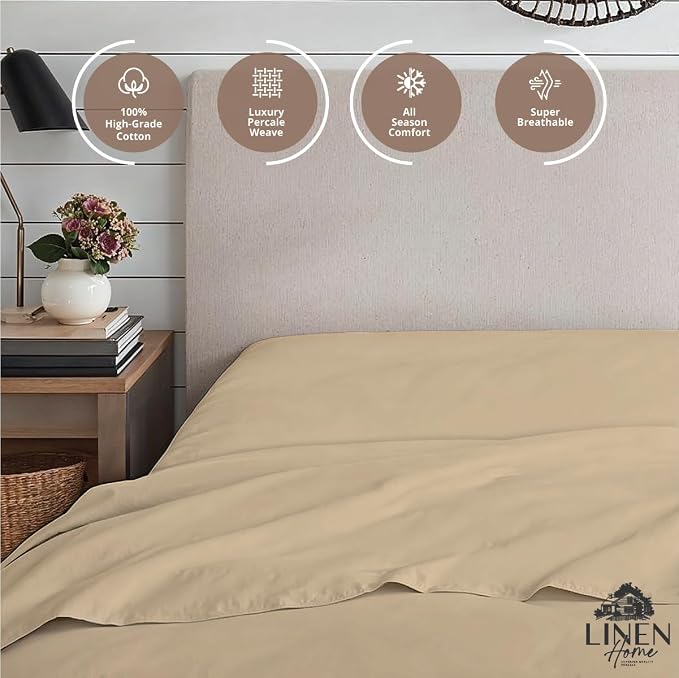 Linen Home 100% Cotton Percale Weave Fitted Sheet, Full Size, Light Taupe - Image 3