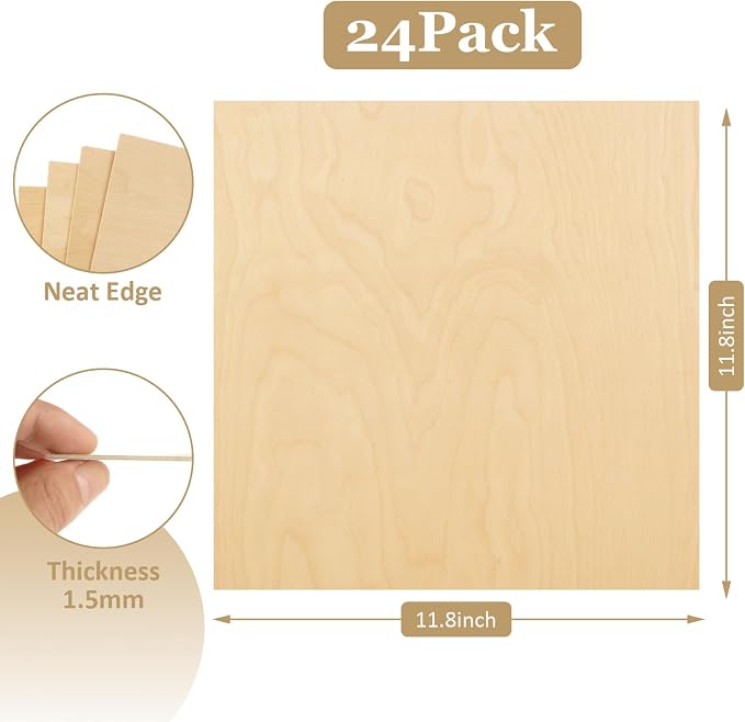 24 Pack 12 x 12 x 1/16 Inch Baltic Birch Plywood 1.5mm Wood Sheet, Baltic Birch - Image 2