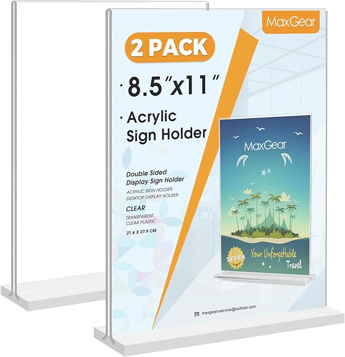 MaxGear Acrylic Sign Holder 8.5" x 11" Double Sided Display Stand, 2 Pack | by MaxGear