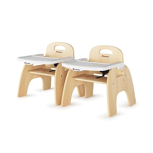 Foundations Easy Serve Low Wood Feeding Chairs Multipack, Adjustable Harness, Removable Dishwasher Safe Tray, No-Tip Base, Stackable Toddler Chairs, 2 Pack (9 inch)