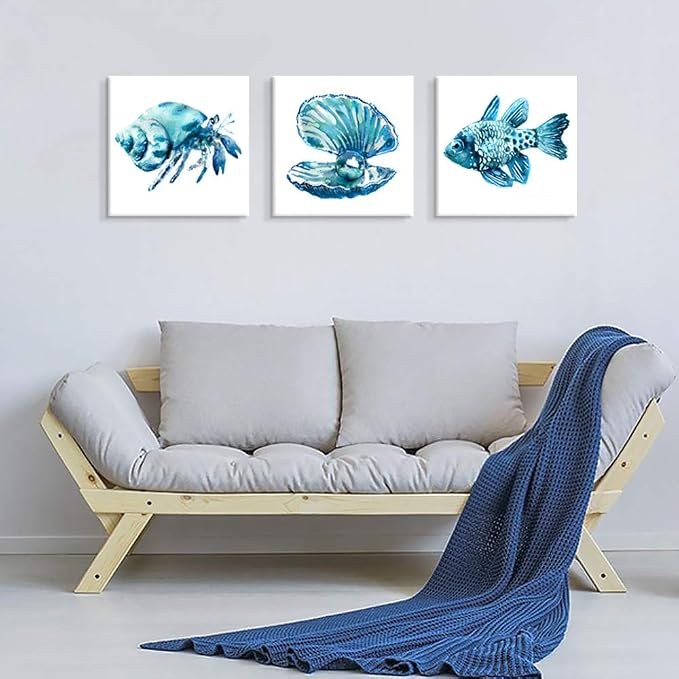 JAPO ART -Ocean Art Prints Tropical Wall Art Wall Blue Fish Blue Shells Hermit - Image 5