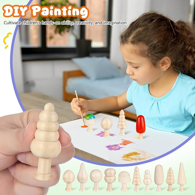 TEHAUX 20pcs Unfinished Mini Wooden Trees 5 Shapes DIY Paintable Wood Craft - Image 7