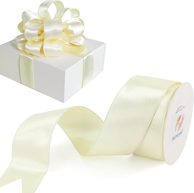 HUIHUANG Ivory Satin Wired Ribbon 1-1/2 inch Double-Sided Satin Wire Edge Ribbon by HUIHUANG