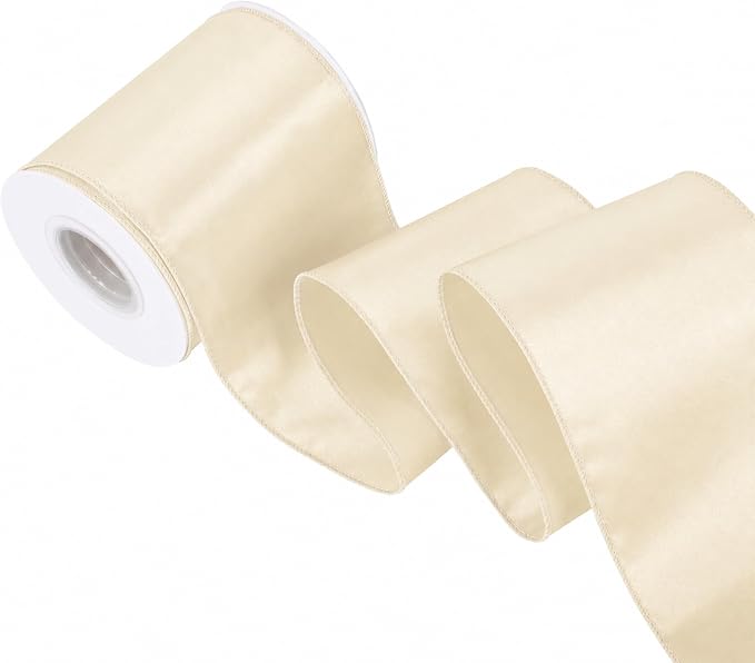 Ivory 4 Inch Continuous 15 Yards Satin Wired Ribbon by Simplegoal