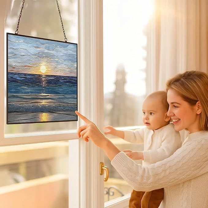 Rectangle Sun Set Beach Stained Glass Window Hanging Sun Catchers Indoor Window - Image 5