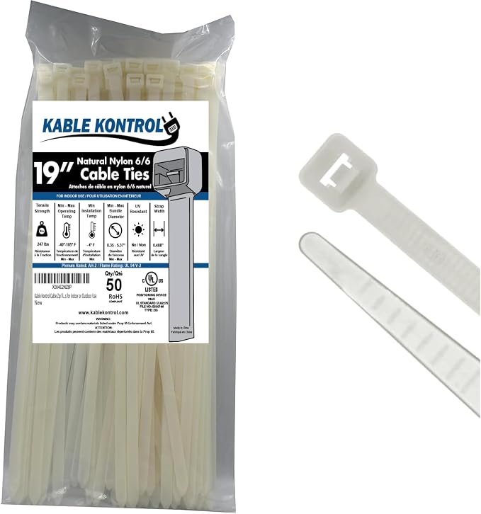 Kable Kontrol Cable Zip Ties Natural White 50 Pcs 19 Inch, 250 Lbs Tensile by KABLEKONTROL%C2%AE