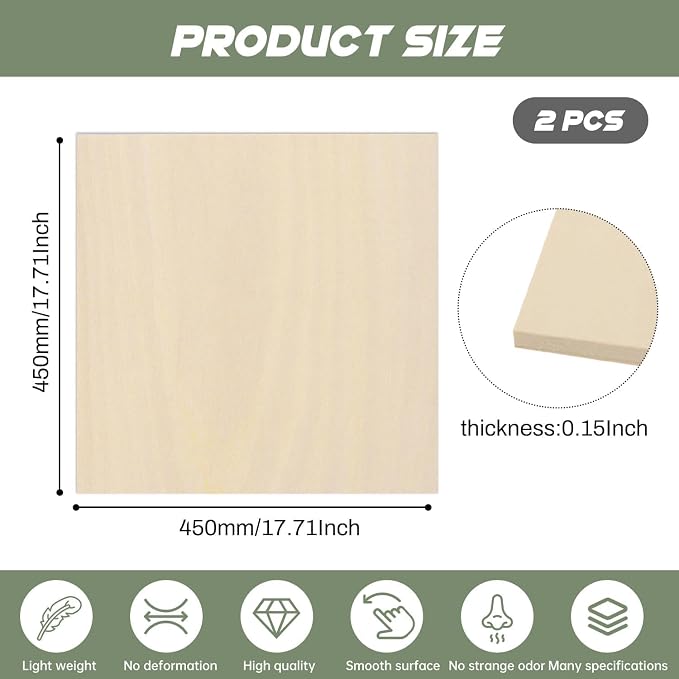 2 Pack Plywood Sheets, 17.1" x 17.1"x 0.15" Basswood Sheets | 4mm Basswood - Image 2