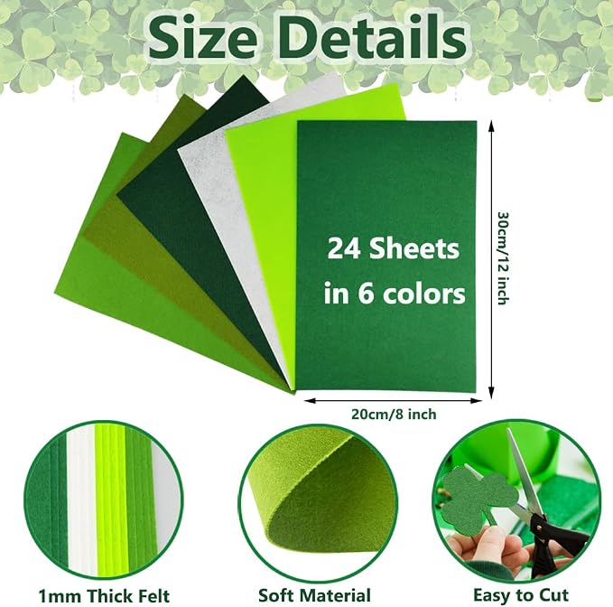24 Pcs Felt Fabric Sheets, 8 Inch X 12 Inch St. Patrick's Day Green Craft Felt - Image 2