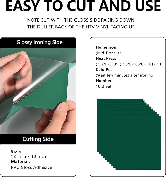 FUNKAKA Green HTV Heat Transfer Vinyl Bundle, 10 Sheets Sticky HTV Vinyl - Image 2