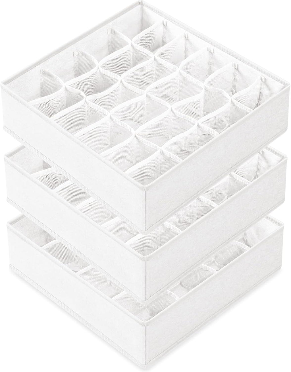 Criusia 3 Pack Sock Underwear Drawer Organizer Dividers, 64 Cell Fabric Foldable Cabinet Closet Organizers and Storage Boxes for Storing Socks, Panties, Ties (16+24+24 Cell, White)