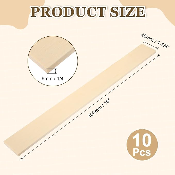 MECCANIXITY 10Pcs Wood Strips Slats, 1/4" x 1‑5/8" x 16" Thin Wood Sticks Flat - Image 2