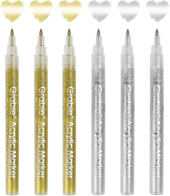 Grabie Gold&Silver Extra Fine Tip Acrylic Paint Marker Set, 6 Pack Gold Paint - Image 5