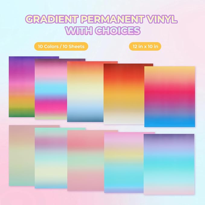 HTVRONT Gradient Permanent Vinyl 10 Sheets 12"x10" Rainbow Adhesive Vinyl | - Image 2
