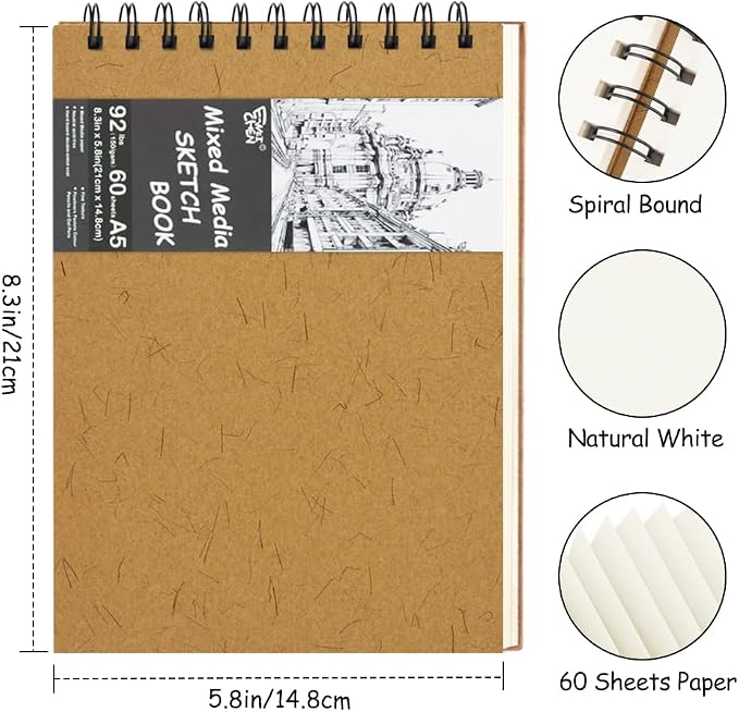 8.3x5.8 Sketch Book, Top Spiral Bound Sketch Pad, 60sheets 92lb/150gsm Nature - Image 2