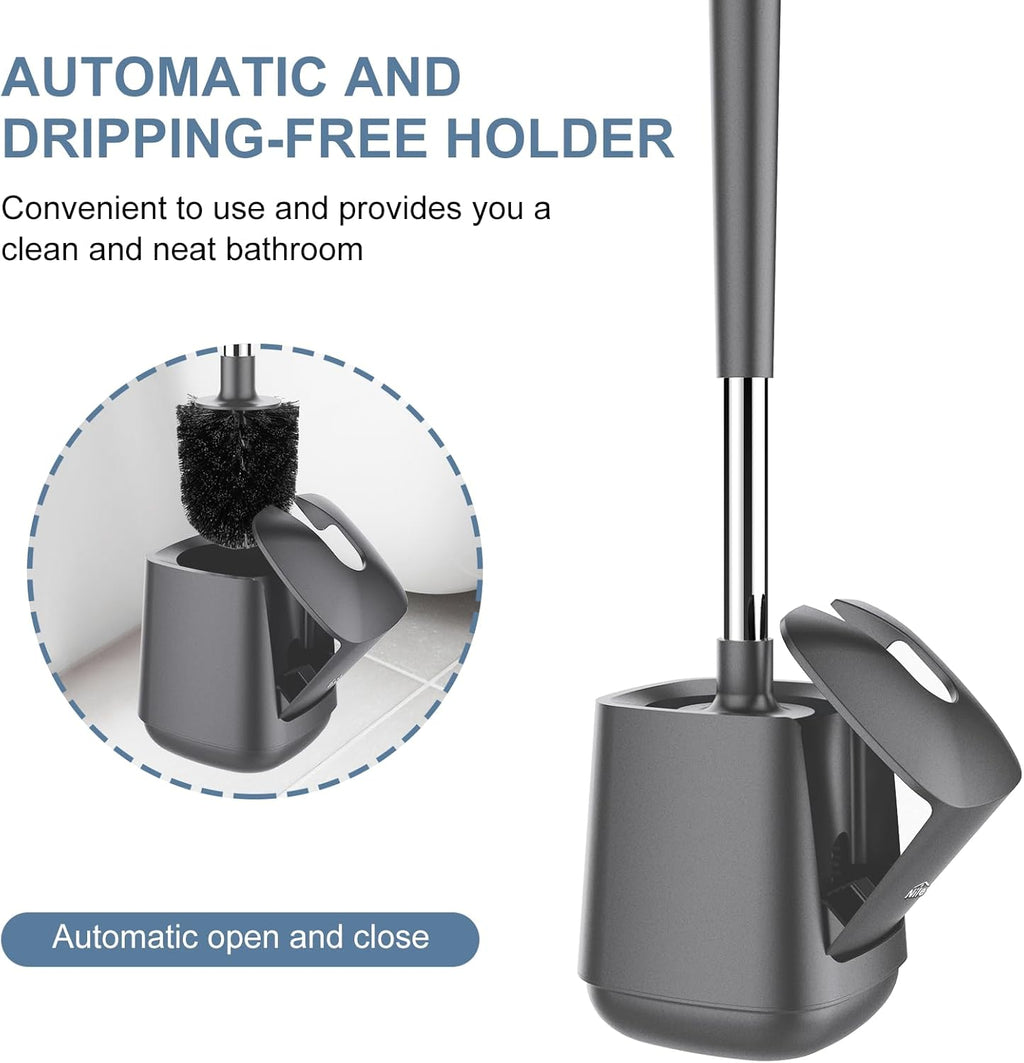SetSail Toilet Brush and Holder 2 Pack, Self Closing Lid Toilet Bowl Brushes Holder and Extra Long Handle Ventilated Toilet Brush Set for Bathroom Cleaning, Nylon Bristles, Grey