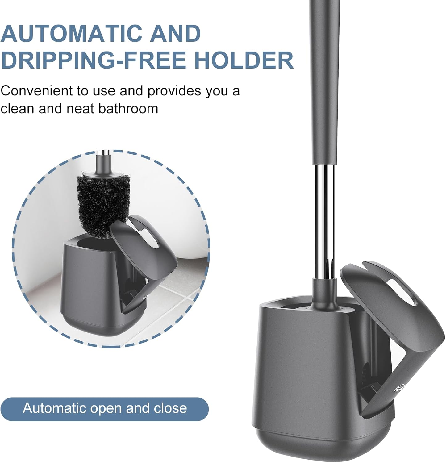 SetSail Toilet Brush and Holder 3 Pack, Self Closing Lid Toilet Bowl Brushes Holder Extra Long Handle Ventilated Toilet Brush Set for Bathroom Cleaning, Nylon Bristles, Grey