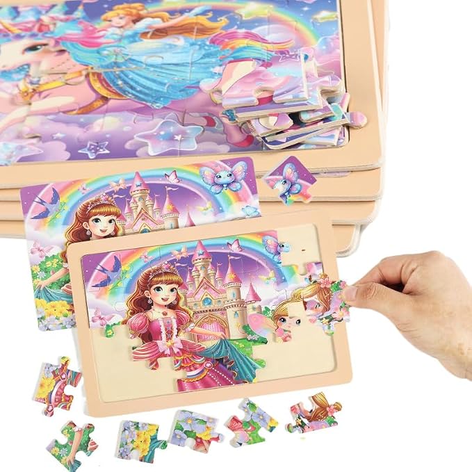 jWooden Puzzle for Kids 4-6 Years Old, 4 Pack of 24 Pieces Unicorn Princess - Image 3
