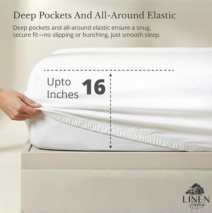 Linen Home 100% Cotton Percale Weave Fitted Sheet, Full Size, Snow White - Image 2