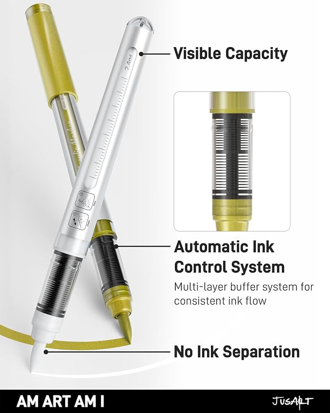JusArt 3 Gold Acrylic Paint Markers Brush Tip, Water-Based Metallic Markers - Image 2