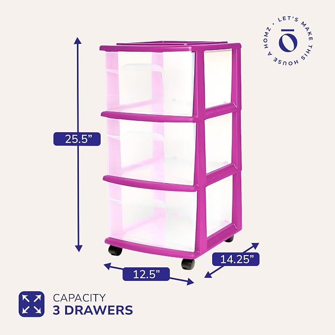 HOMZ Drawer Tower, 3-Tier Clear Plastic Storage Organizer Cart, and Classroom - Image 3