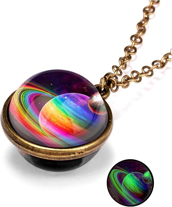 Yocoyee Galaxy Planet Pendant Necklace Glow in Dark Double Side Glass Crystal by Yocoyee