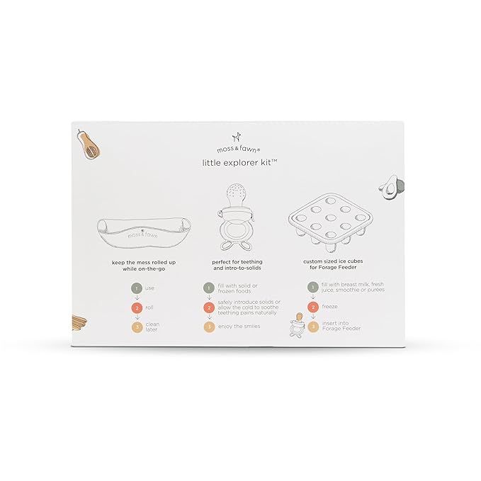 Moss and Fawn Little Explorer Kit - Silicone Frozen Breast Milk Popsicle Kit with Forage Feeder, Teething Popsicle Ice Cube Tray, & Gather & Roll Baby Feeding Bib - BPA, PVC, & Lead-Free - Bloom