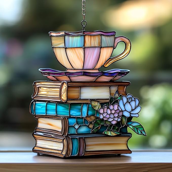 Flowers Book and Tea Acrylic Suncatcher Stained Glass Effect Window Car Hanging by AVAGAN