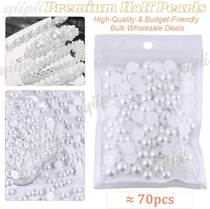 qiipii 70PCS 14mm Pure White Round Half Round Pearls - Image 2