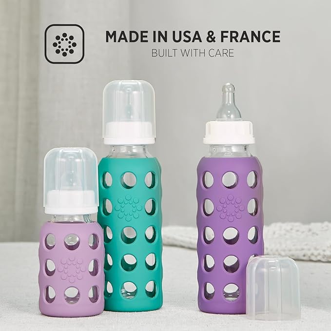 Lifefactory 4-Ounce BPA-Free Glass Baby Bottle with Stage 1 Nipple and Protective Silicone Sleeve, Stone Gray