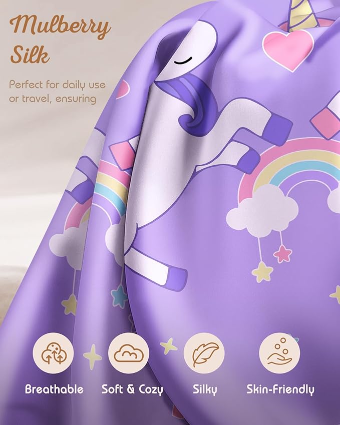 Kids Pillowcases Standard Size 20"x26" - Cute Cartoon Soft Breathable Silk Pillow Cases for Hair and Skin with Hidden Zipper for Girls Fun Kawaii Design for Bedding, Two Unicorns