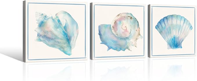 Seashell Wall Decor Ocean Beach Nautical Canvas Wall Art Blue Seashell Painting - Image 2