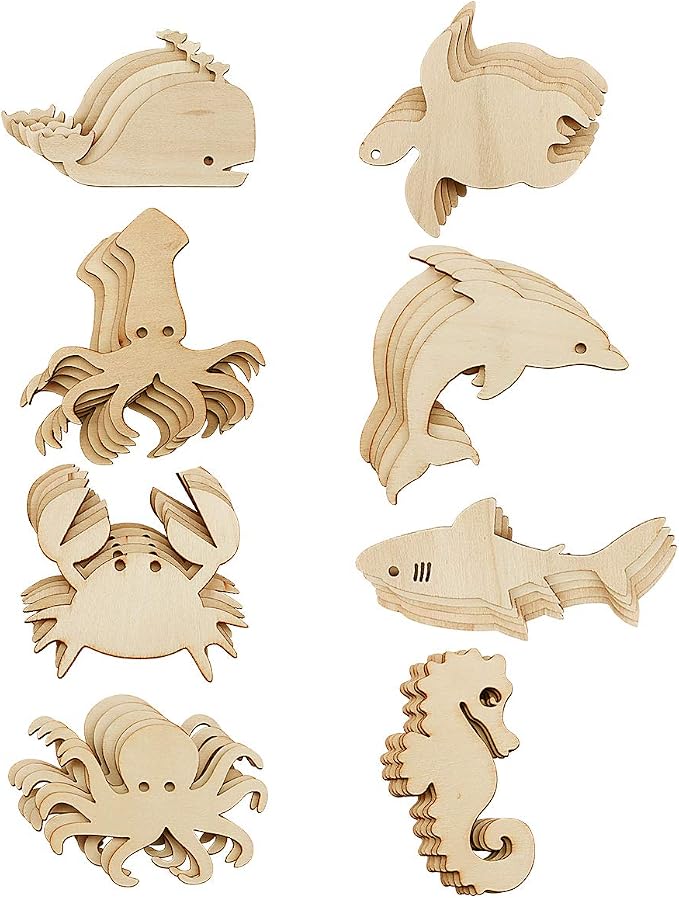 48 Pack Unfinished Wooden Ocean Sea Animal Life Cutouts, Seahorse Shapes Model by Newbested