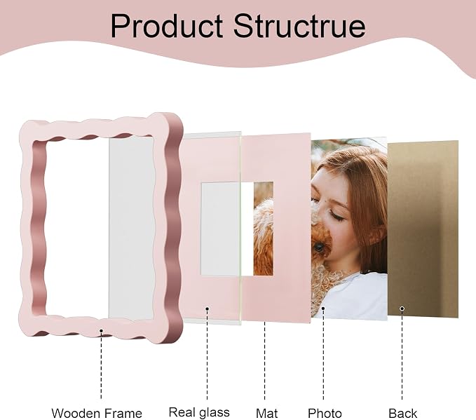 8x8 Picture Frame with Mat for 4x4, Wavy Edge Wooden Real Glass Photo Frame for - Image 5