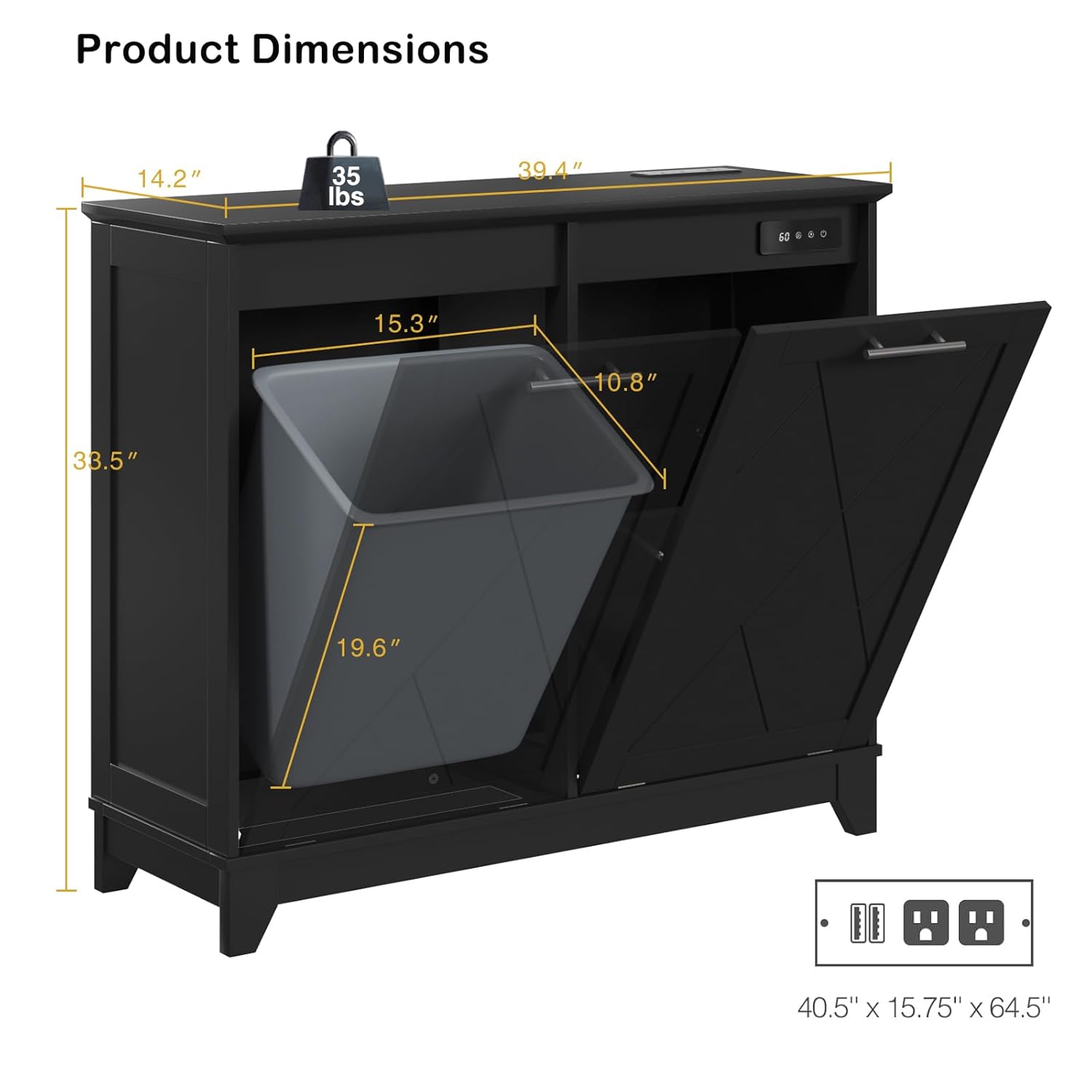 Double Tilt Out Trash Can Cabinet, 10 * 2 Gallon Garbage Trash Bin with Charging Station and Deodorizing Function, Dog-Proof Storage Cabinet for Hidden Bathroom Laundry Hamper, Black