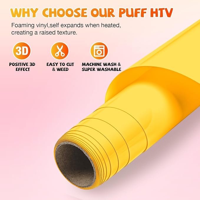 VinylRus Yellow Puff Vinyl Heat Transfer -12” x 6ft Puffy 3D Iron on Vinyl - Image 5