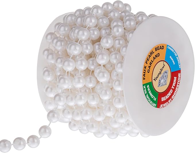 10mm Pearl Strands, 9 Yds of White Fake Beads Garland Spool Roll by YoungJewl