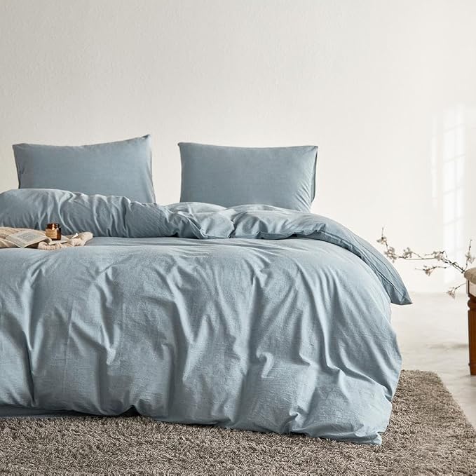 Wake In Cloud - Cotton Duvet Cover Set, Full Size, Light Denim Blue, 100% - Image 5