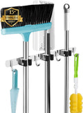 3 Racks and 4 Hooks Broom and Mop Holder Wall Mounted Garage Organizer Storage Tool Racks Stainless Steel Heavy Duty Hooks Self Adhesive Solid Non-slip Wall Hangers for Home Kitchen Garden Laundry