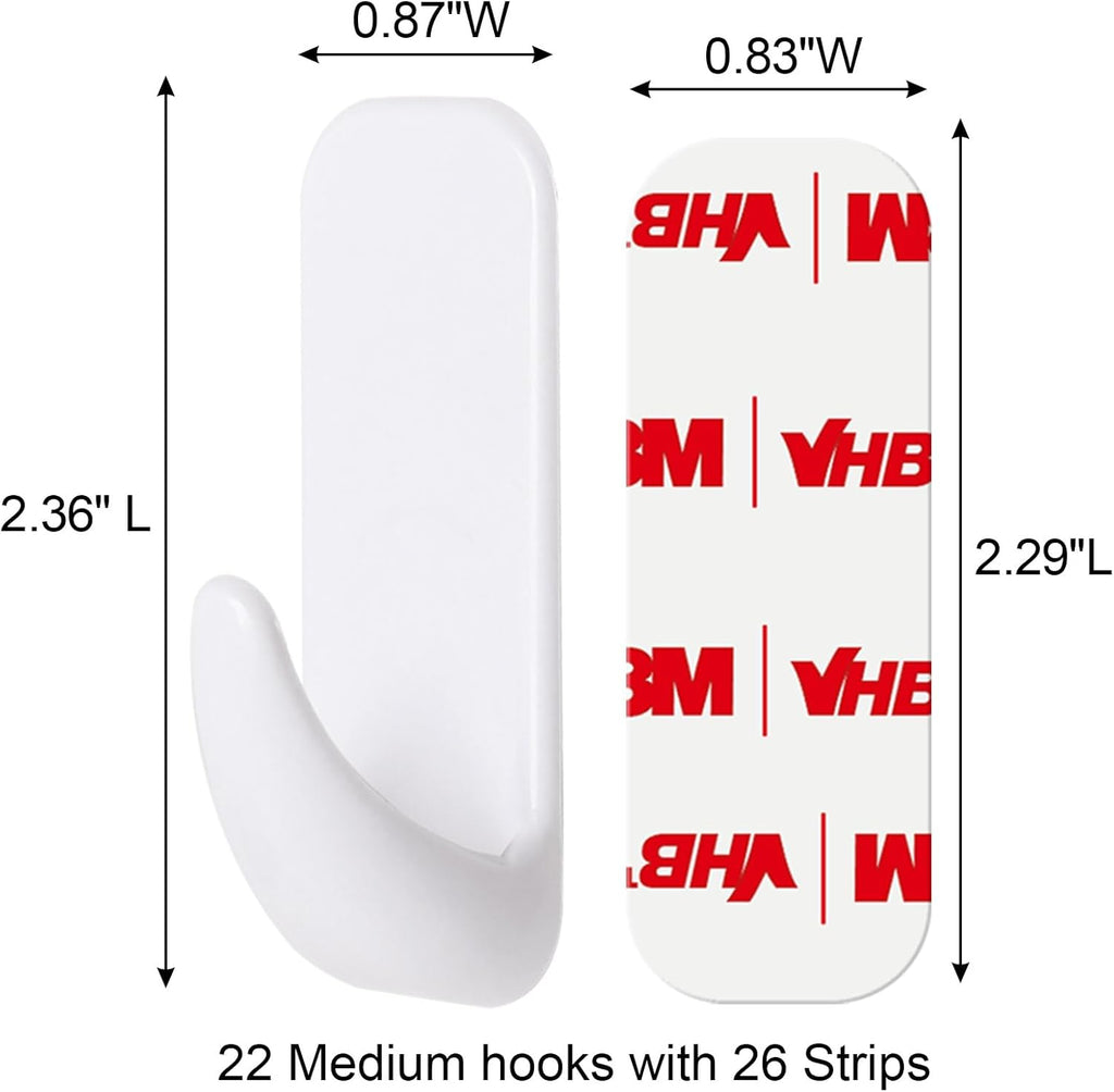 Wall Hooks for Hanging Heavy Duty, Medium 22 Self Adhesive Wall with 26 Strips no Damage, Sticky for Key, Shower,Towel, Coat, Door, Hat