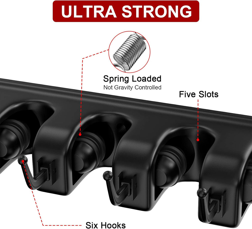 LETMY Broom Holder Wall Mount - Mop and Broom Hanger Holder - Garage Storage Rack & Garden Tool Organizer - 5 Position 6 Hooks Broom Rack for Home, kitchen, Garden, Tools, Garage Organization - Black