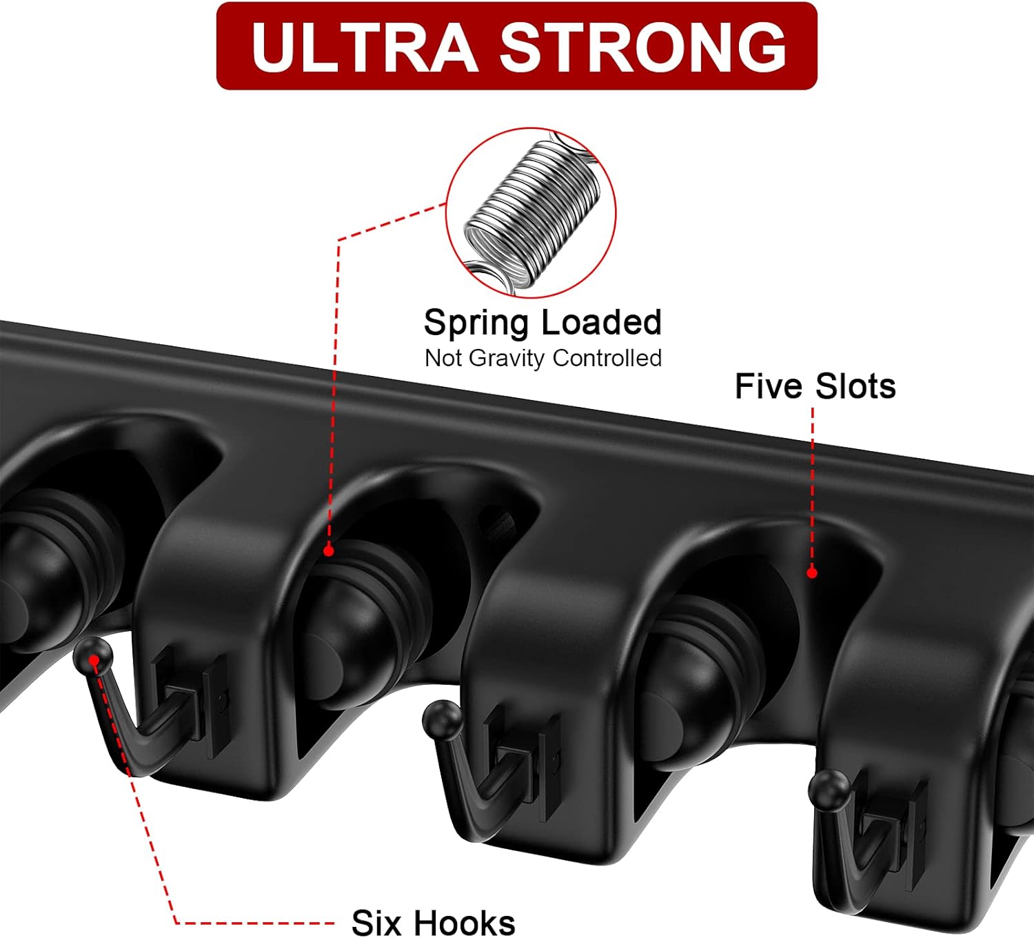 LETMY Broom Holder Wall Mount - Mop and Broom Hanger Holder - Garage Storage Rack & Garden Tool Organizer - 5 Position 6 Hooks Broom Rack for Home, kitchen, Garden, Tools, Garage Organization - Black