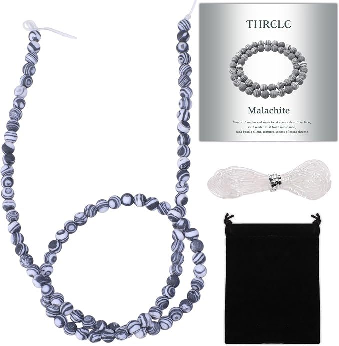 4mm Matte Black and White Malachite Bead, 15-Inch Matte Round Loose Stone Beads by THRELE