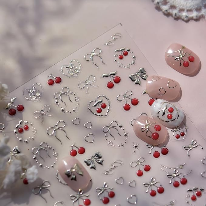 Cherry Nail Art Stickers Summer Cherry Nail Stickers 5D Embossed Gold Cherries - Image 4