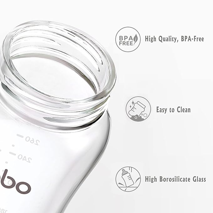 YOHKOH Natural Glass Baby Bottle with Natural Response Nipple, Newborn Anti-Colic Baby Bottles, Wide Neck Mushroom Cap Baby Bottle, Clear (Blue, (8.8oz (Pack of 4))