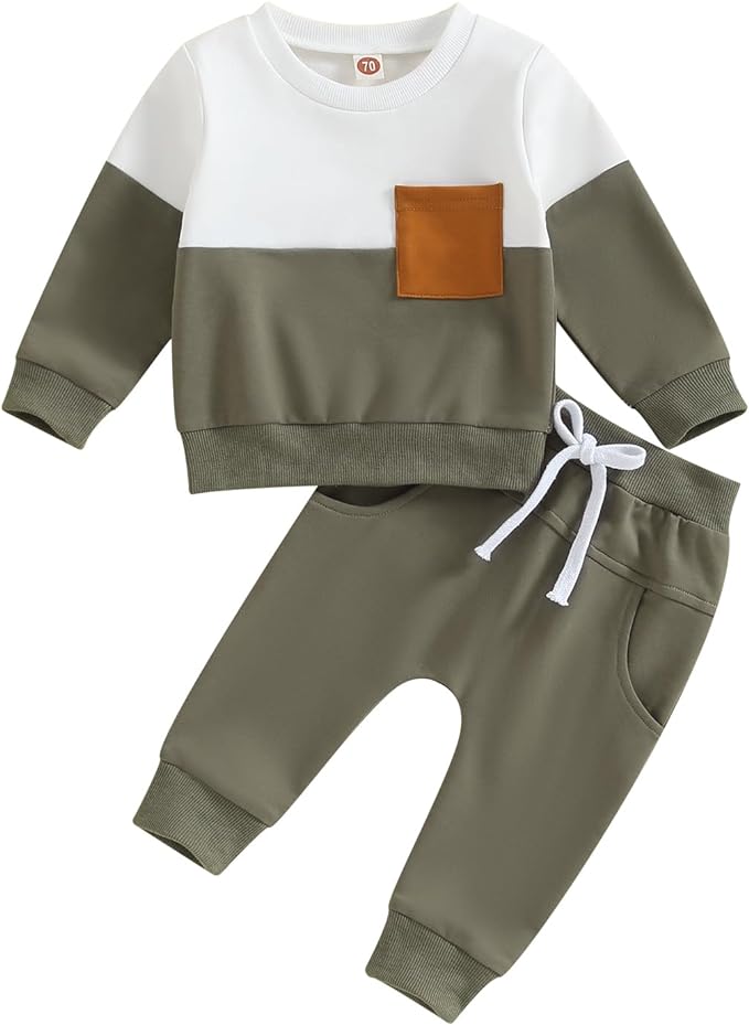Kupretty Toddler Baby Boy Fall Winter Clothes Color Block Long Sleeve Sweatshirt Pullover Tops + Joggers Pants Outfit Set