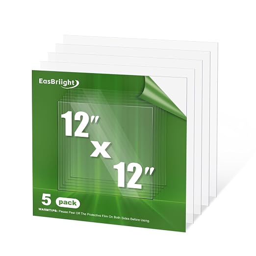 5-Pack of 12×12"×0.02" PET/Plexiglass Sheets, Transparent Flexible Plastic by EasBriight
