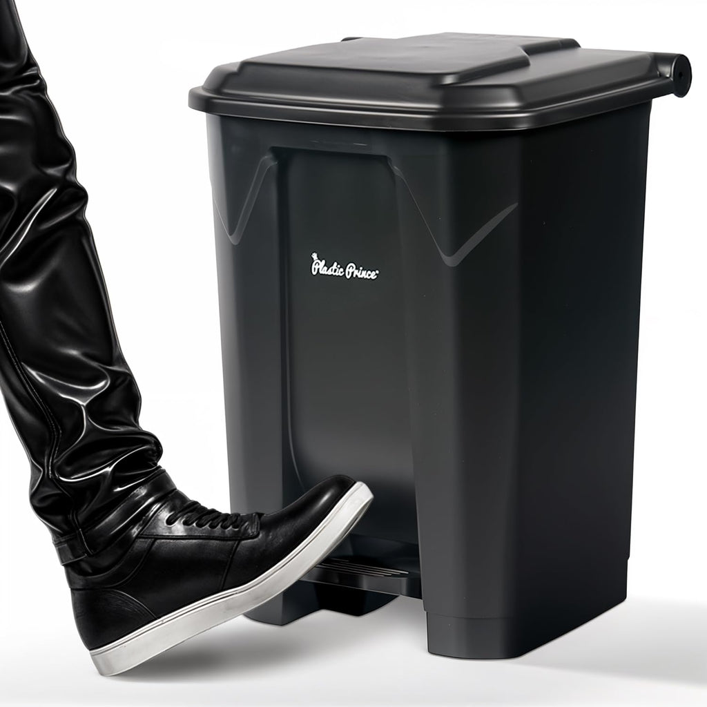 14 Gallon Step-On Trash Can/Container, Black Plastic Dustbin with Lid and Foot Pedal, Hands-Free Disposal