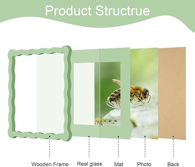 8x8 Picture Frame with Mat for 6x6, Wavy Edge Wooden Real Glass Photo Frame for - Image 5