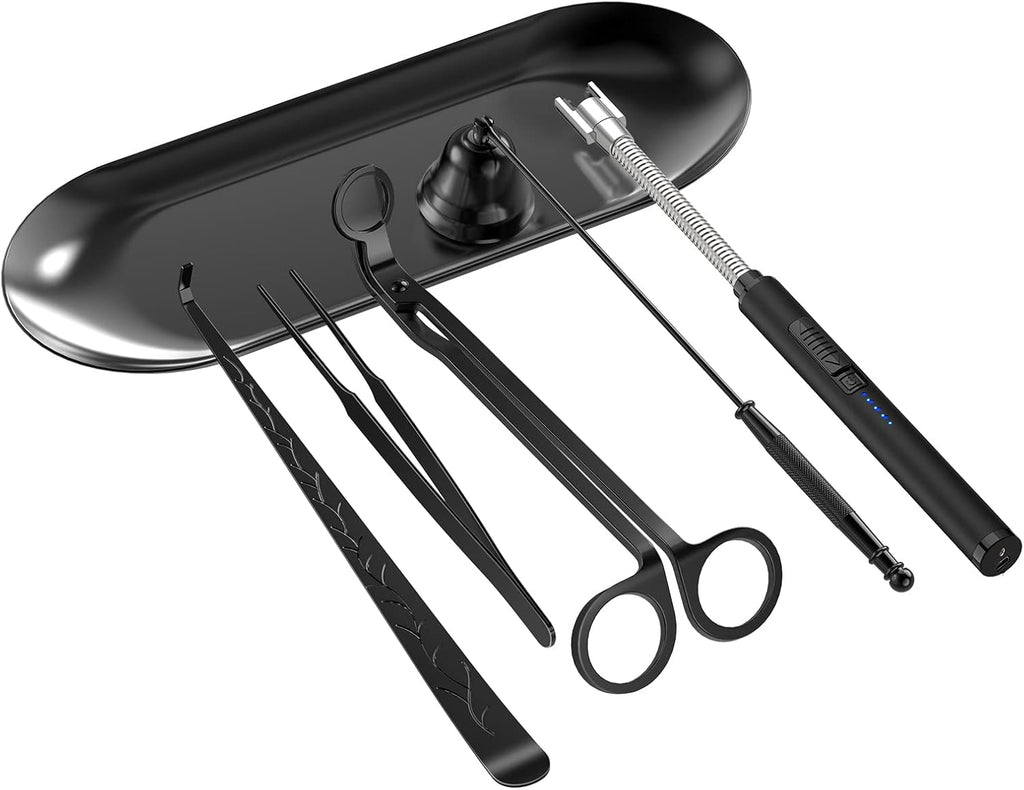 6 in 1 Candle Accessory Set,Candle Wick Trimmer Cutter,Candle Wick Dipper,Candle Wick Snuffer, Rechargeable Candle Lighter,Storage Tray Plate,Tweezers,Stainless Steel Candle Care Kit Home Gift(Black)
