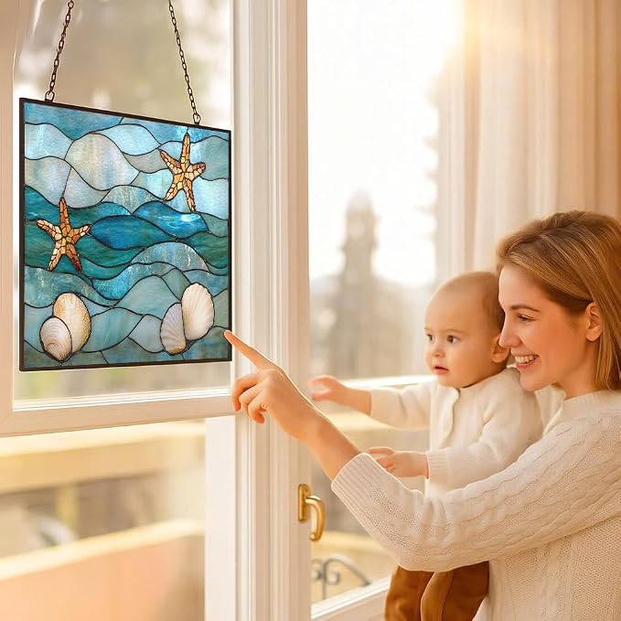 Rectangle Abstract Ocean Waves Stained Glass Sun Catcher, Wall Hanging Colored - Image 5